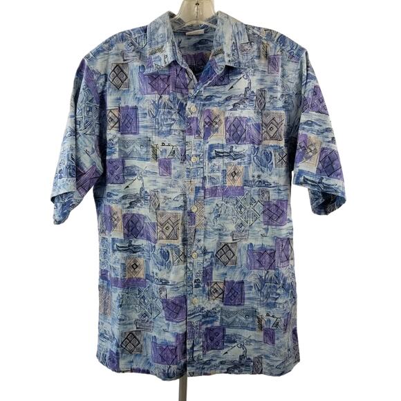 Go Barefoot Blue Purple Hawaiin Men's Short Sleeve Vintage Tropical Beach Shirt - Picture 1 of 4